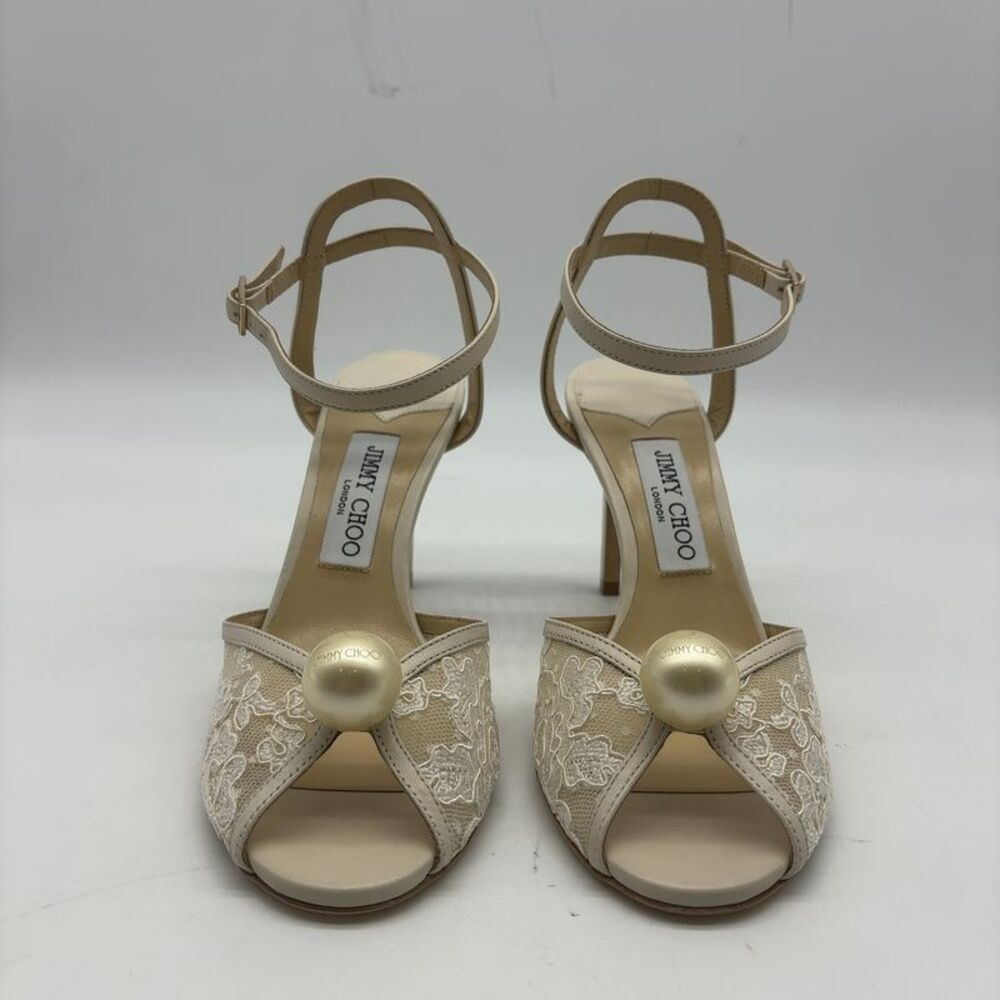 Jimmy Choo Beige Lace Pearl-Accent Ankle Strap Sandals